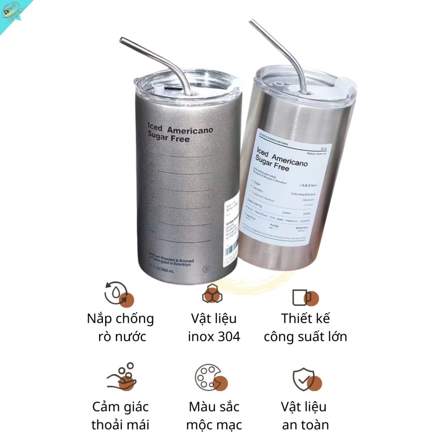 Cốc Giữ Nhiệt Iced Americano 6H Bình Giữ Nhiệt Inox 304 Có Ống Hút Ly Giữ Nhiệt Coffee Capuchino 600ML