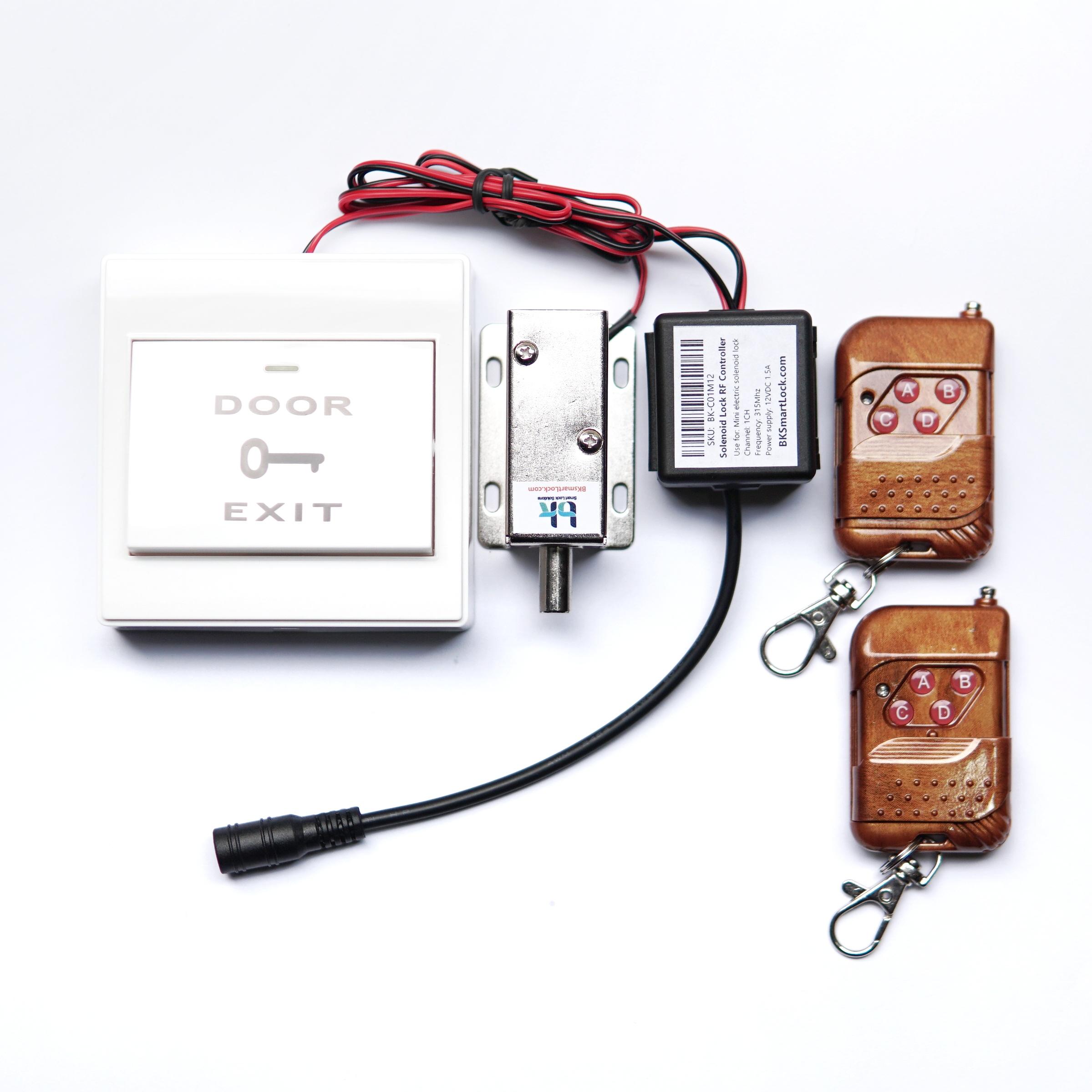 Bộ khóa cửa điện từ BK Smart Lock BK-C06M12, chốt tròn thường đóng D8mm 12V, nút nhấn exit mở cửa bên trong, remote điều khiển 315 Mhz