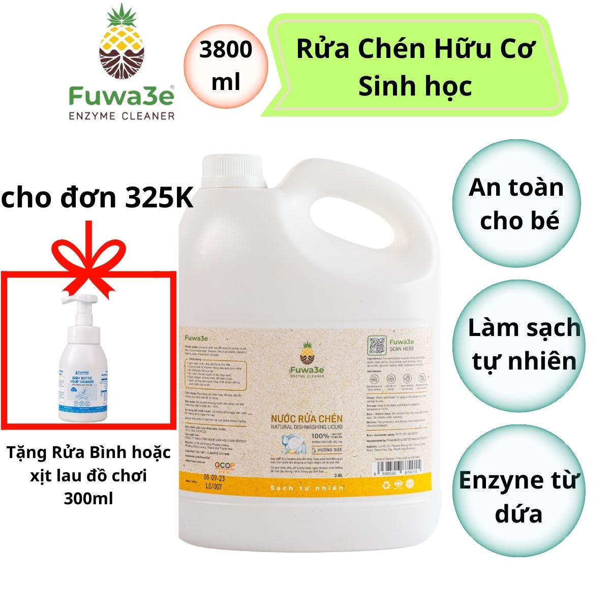 Nước rửa chén sinh học Fuwa3E can 3.8L, nước rửa chén hữu cơ an toàn cho da nhạy cảm, nước rửa chén bình ti cho em bé - Fuwa3E official store