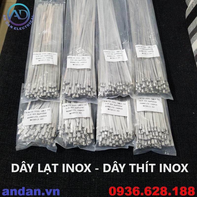 Dây lạt inox 100mm 150mm 200mm 250mm 300mm 350mm 400mm 500mm, dây thít inox 304, 10cm 15cm 20cm 25cm 30cm 35cm 40cm 50cm