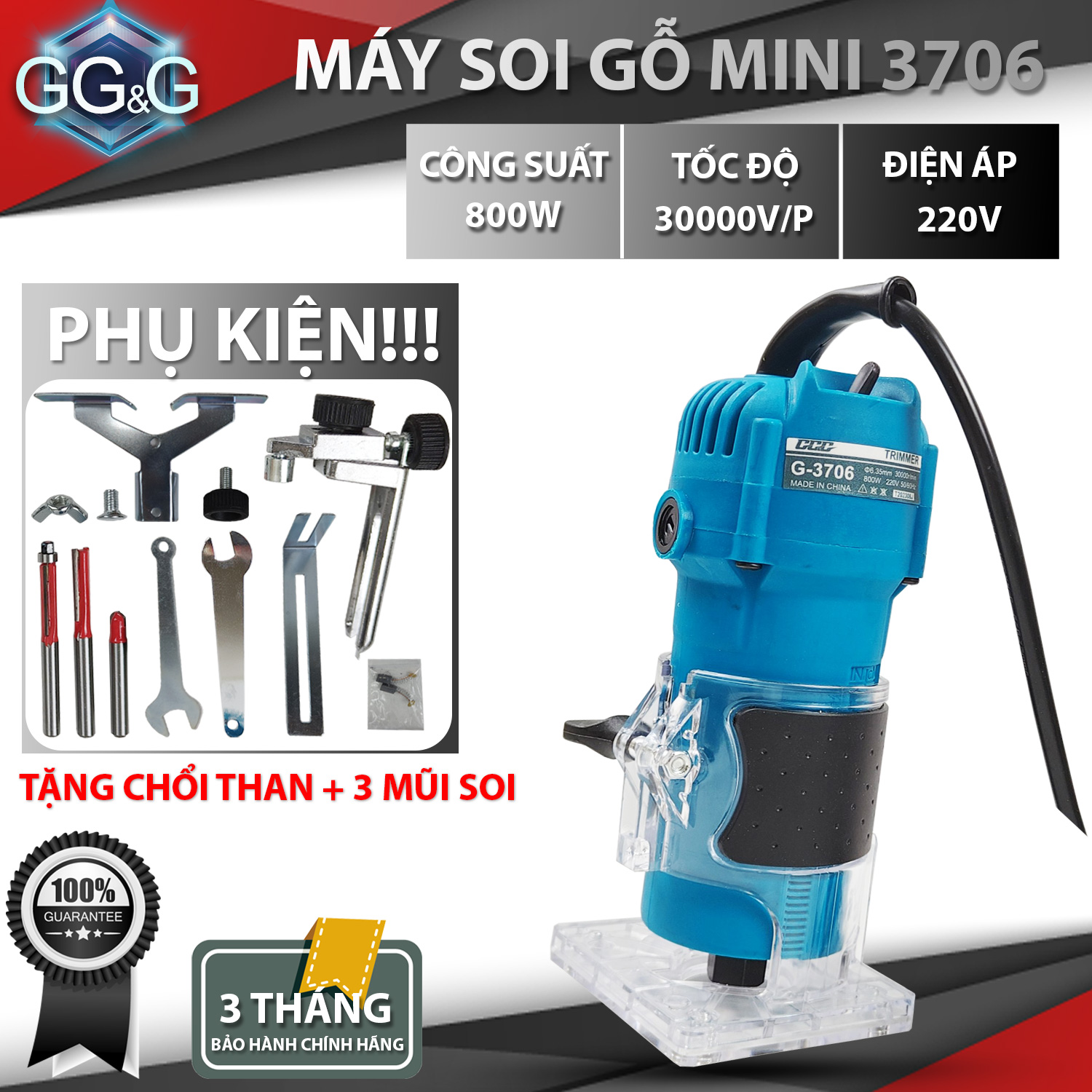 Máy soi gỗ - soi alu GG&G 3706 Công suất 800w, Tốc độ 30000v/p, Đường kính mũi 6.35mm. Tặng kèm chổi than và 3 mũi soi| Máy phay gỗ mini bảo hành 3 tháng