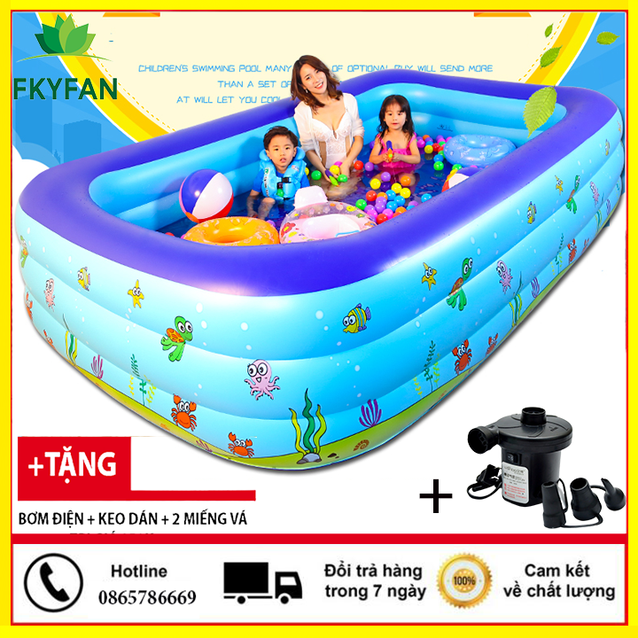 [Kèm Bơm Điện] Bể bơi cho bé trong nhà 3 tầng 2m1 hình chữ nhật 210x140x60cm bồn tắm hơi cho bé , bồn tắm trẻ em bơm hơi + Tặng kèm keo miếng vá