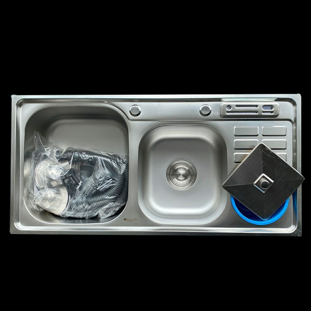 Chậu rửa chén bát inox SUS 304 hai hộc, có cài d ao, xô đựng rác WaterA