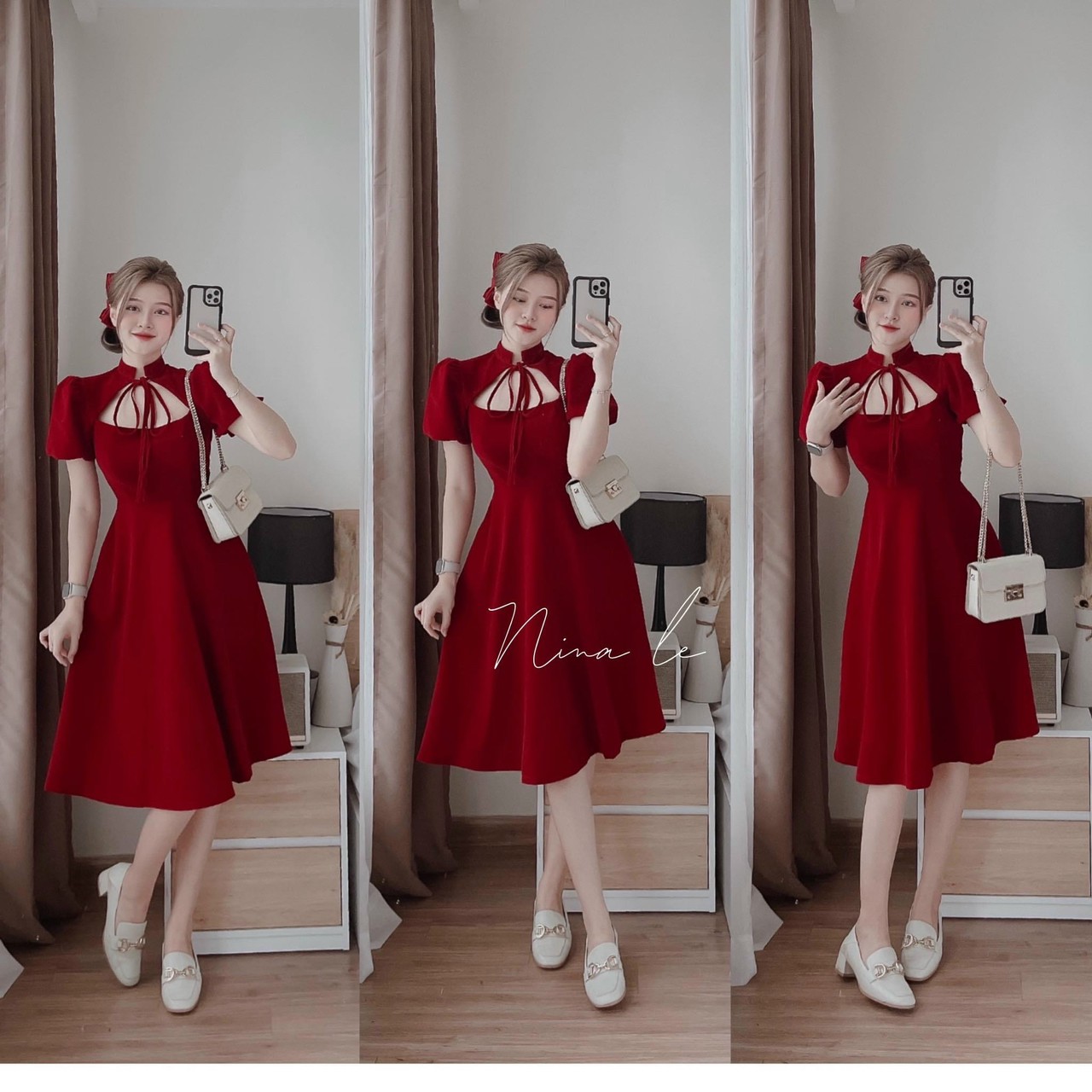 Váy đầm nữ tay phồng cổ tàu cột nơ hở ngực kiểu dáng sang chảnh