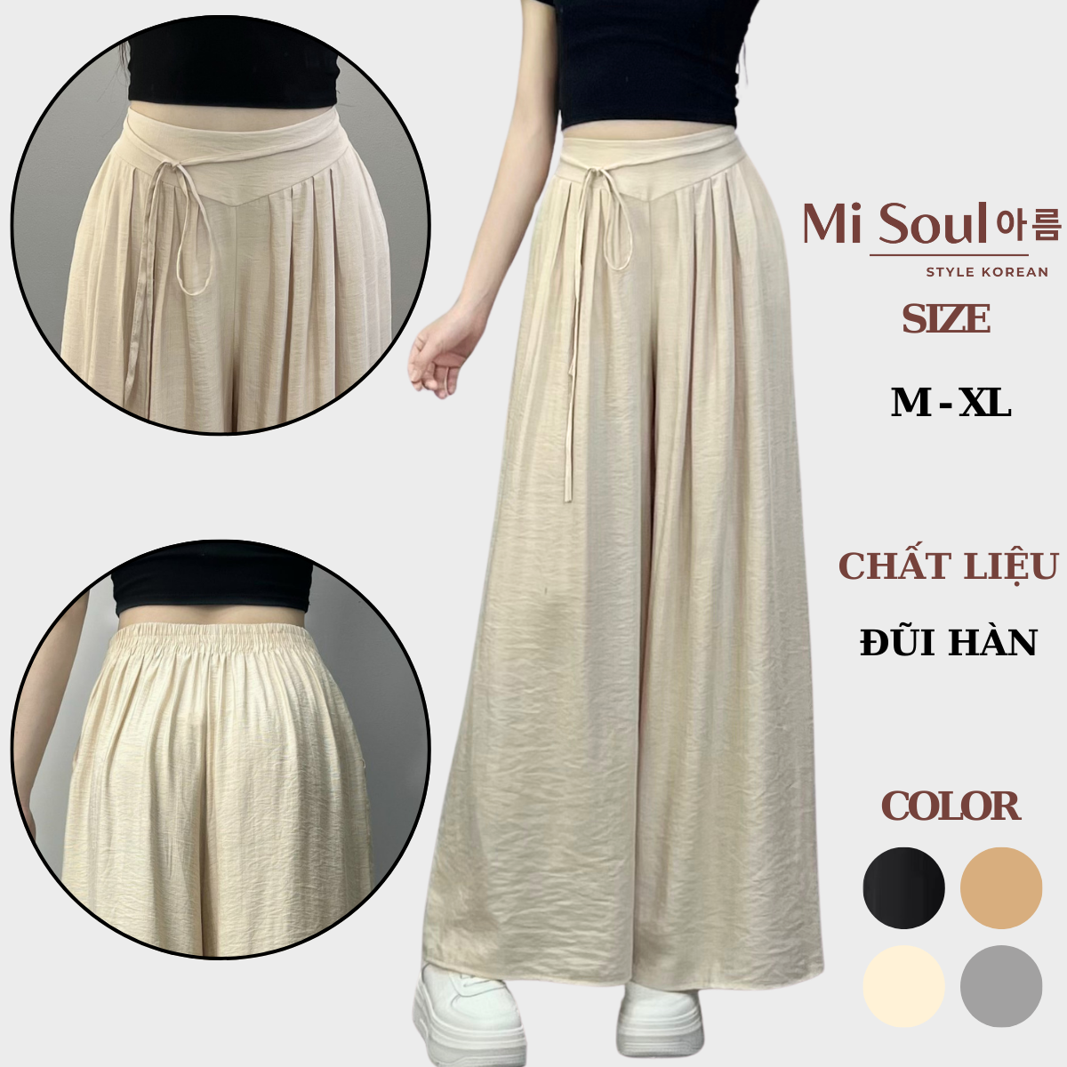 Quần Ống Rộng  Đũi Bản Eo Dây Buộc Cạp Chun Sau Bigsize Misoul, Quần Đũi Xuông Siêu Mát Dáng Rộng Giả Váy 287
