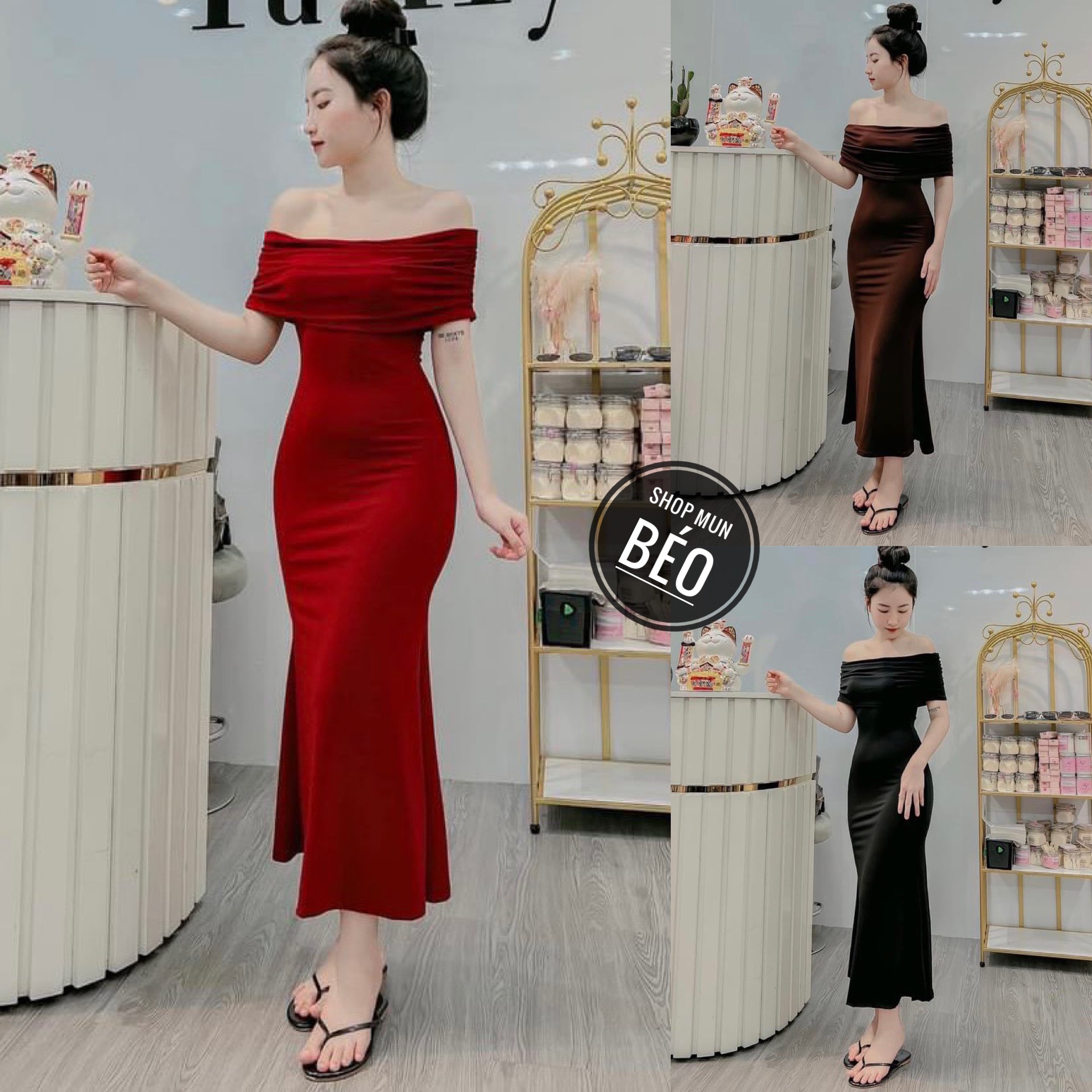 Đầm trễ vai bẹ to phom dài dáng xoè chất thun dẻo thích hợp mặc đi làm đi chơi đi tiệc phù hợp với mọi phong cách
