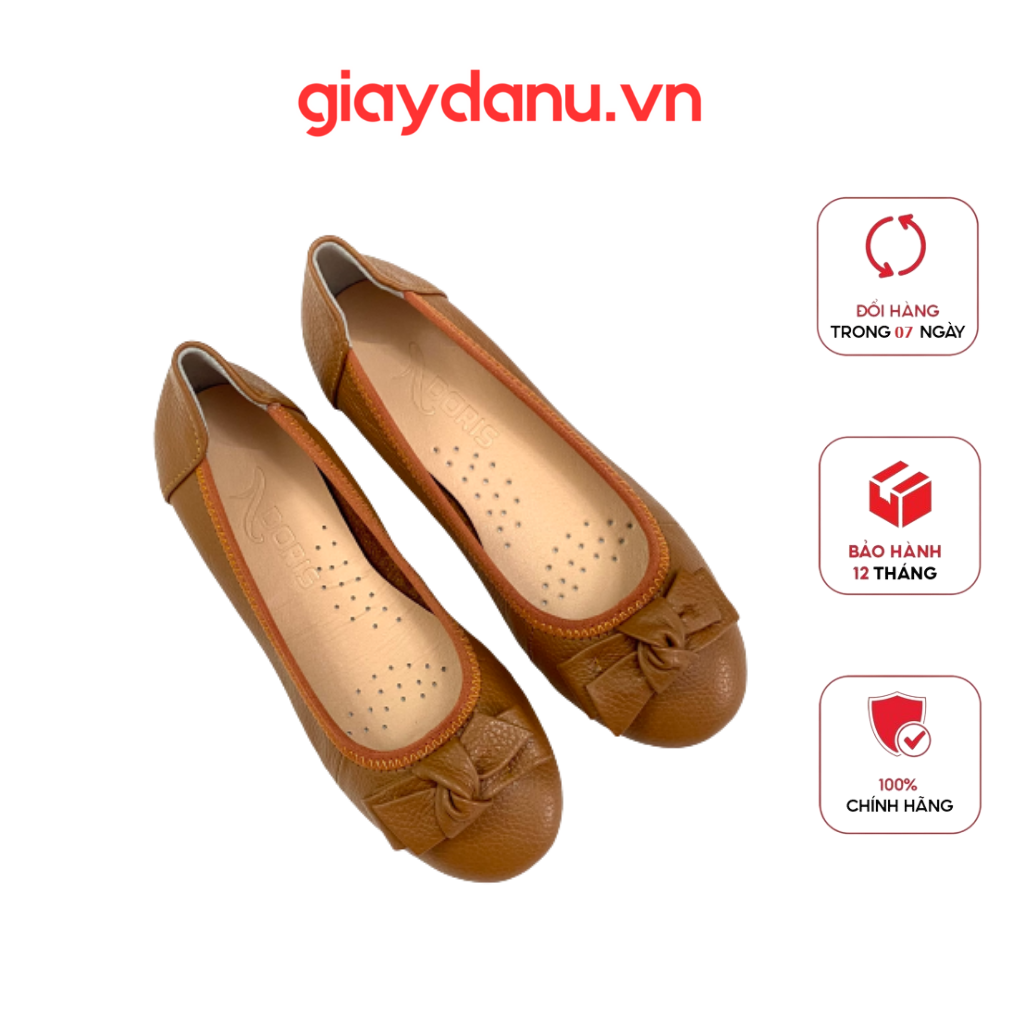 Giày búp bê đế bệt da thật mũi tròn gắn nơ vuông 004-size chuẩn- có bảo hành.