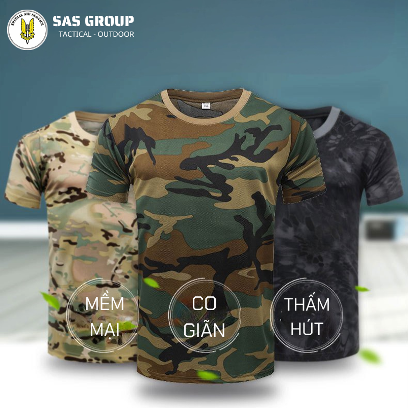 Áo Thun Nam, Áo Phông Ngụy Trang Quân Đội Co Giãn Thoáng Mát