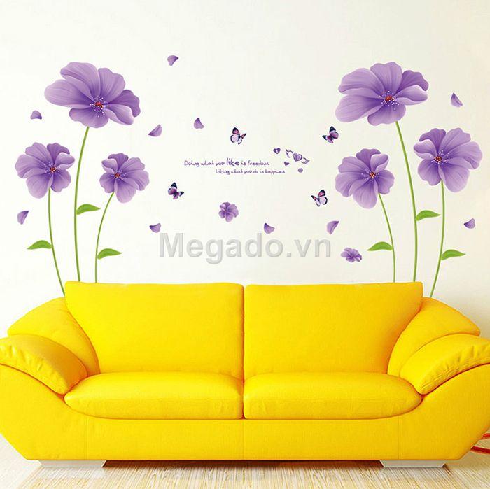 Decal tranh dán tường 2 bức hoa tím cánh to