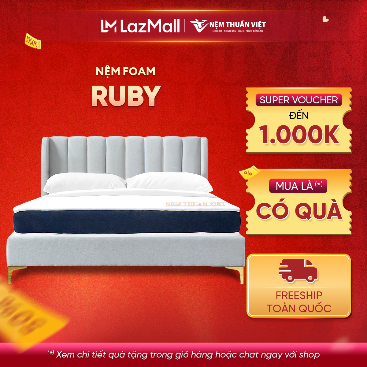Nệm foam thuần việt ruby - kích thước 1m4x2mx10cm - nệm cao su non thế hệ mới, nâng đỡ êm ái, thoáng mát - miễn phí vận chuyển, bảo hành 7 năm, trả góp 0%
