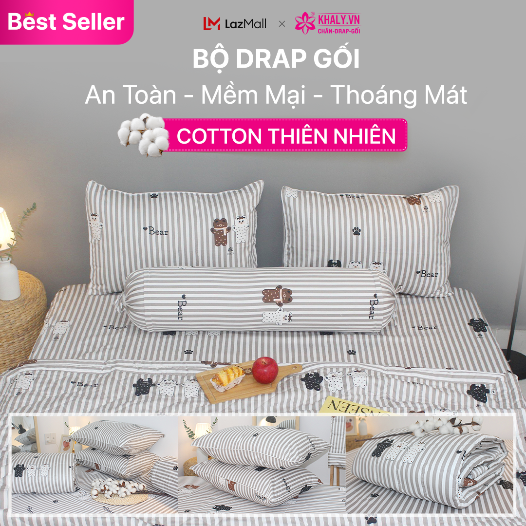 Bộ drap gối KHA LY Cotton thiên nhiên Gấu Sọc Nâu VN293