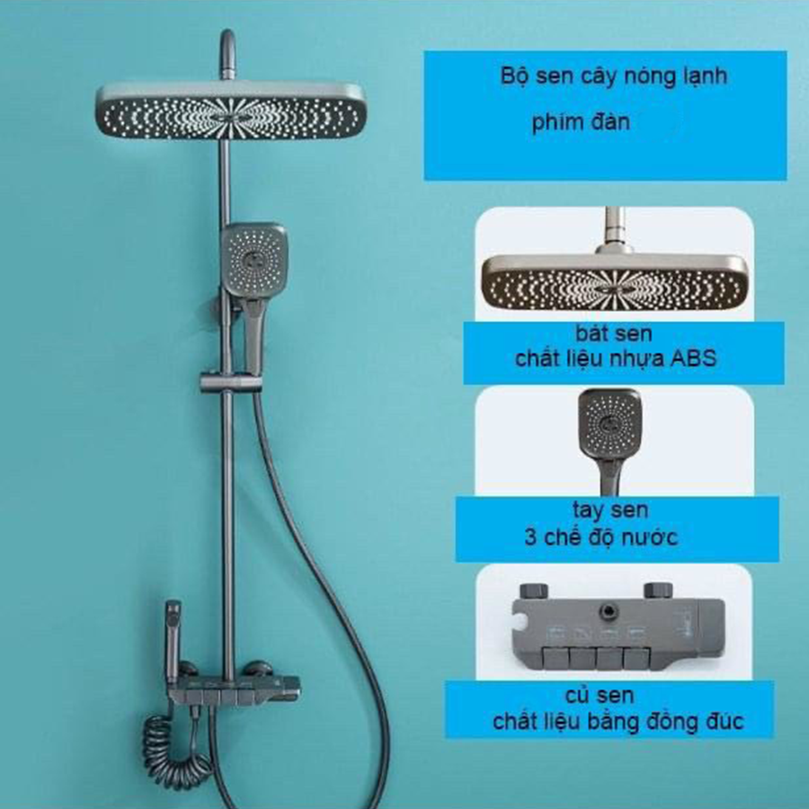 Sen Cây Phím Đàn Nóng Lạnh Sơn Tĩnh Điện Đen, sen cây nóng lạnh, sen cây tắm inox 304, vòi sen tắm, sen cây đứng nóng lạnh, sen cây đứng giá rẻ K-SC9045