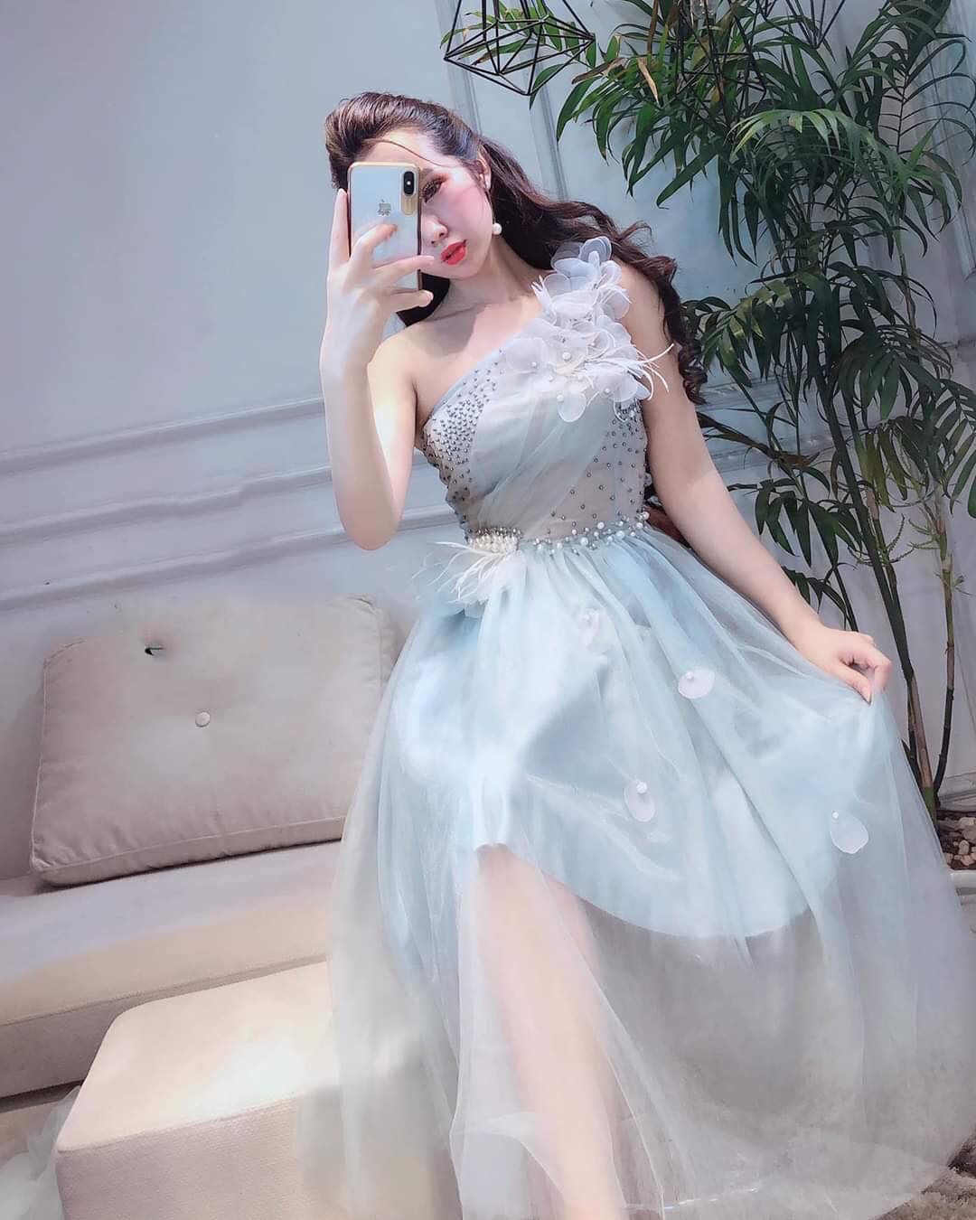 Đầm xòe lệch vai kết hoa nổi và cườm sang trọng - ms149v- size m/l đến 57kg