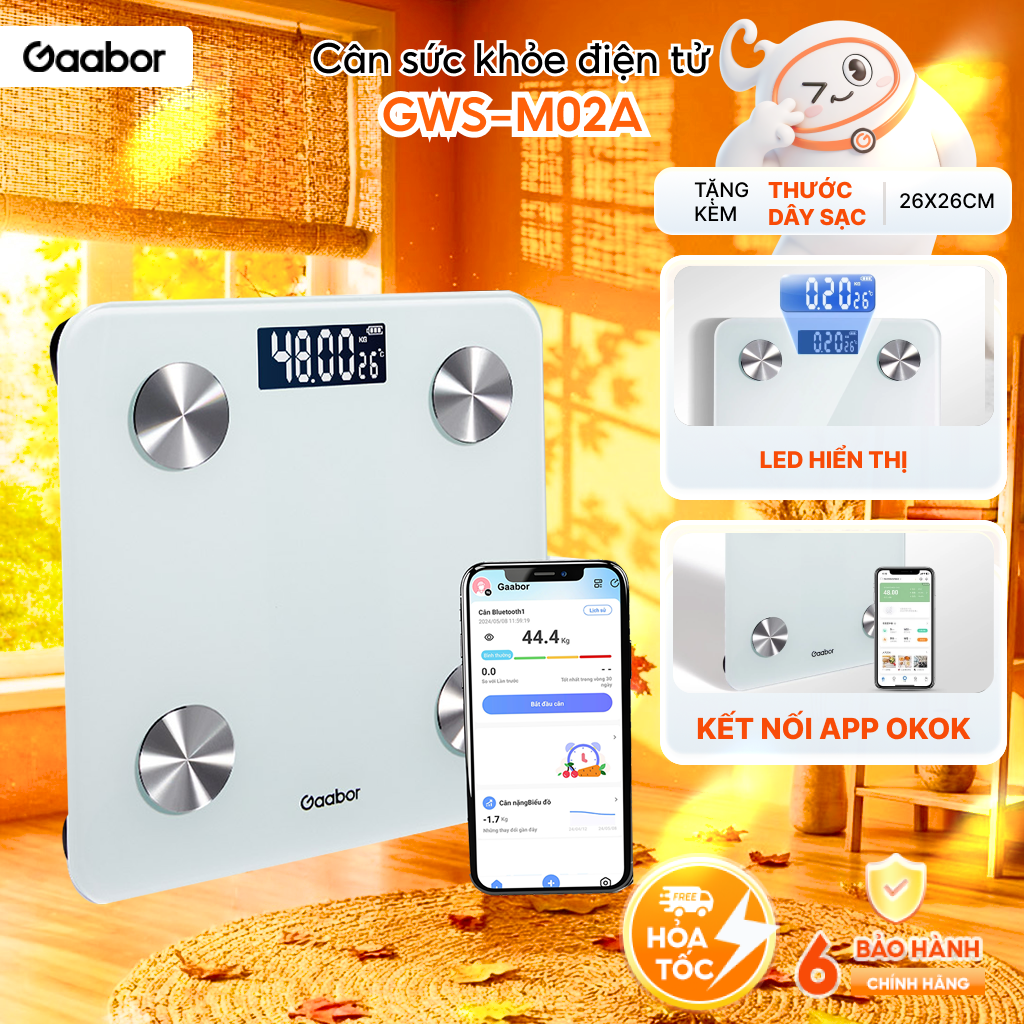 Cân điện tử thông minh Gaabor GWS-M02A cân sức khỏe kết nối bluetooth phân tích 20 chỉ số cơ thể lượng chất khoa học - App tiếng Việt OKOK - Bảo hành 1 đổi 1