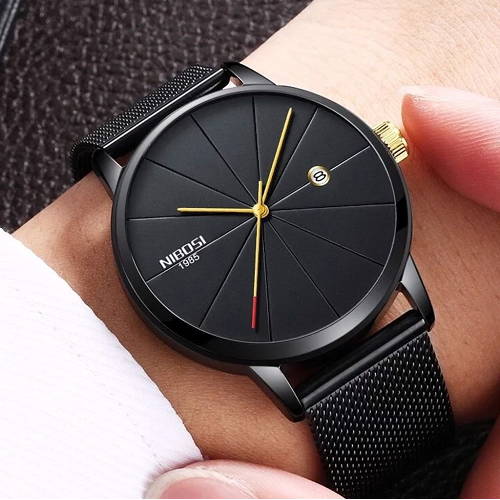 Đồng hồ đeo tay nibosi 1985 nam siêu mỏng bằng thép không gỉ màu xanh dương đồng hồ thạch anh cổ điển cho nam đồng hồ đeo tay nam ngày sang trọng đồng hồ đeo tay