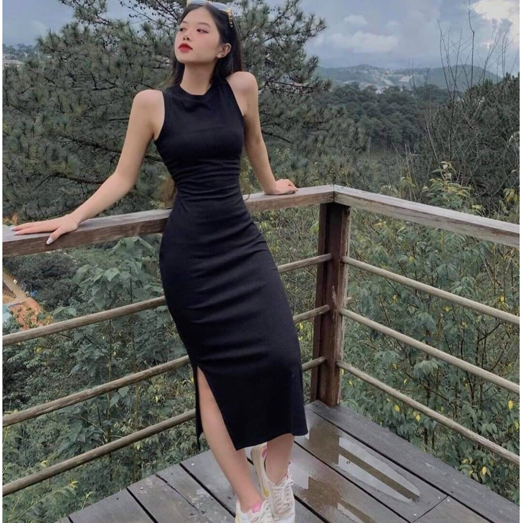 Đầm body thun gân xẻ tà