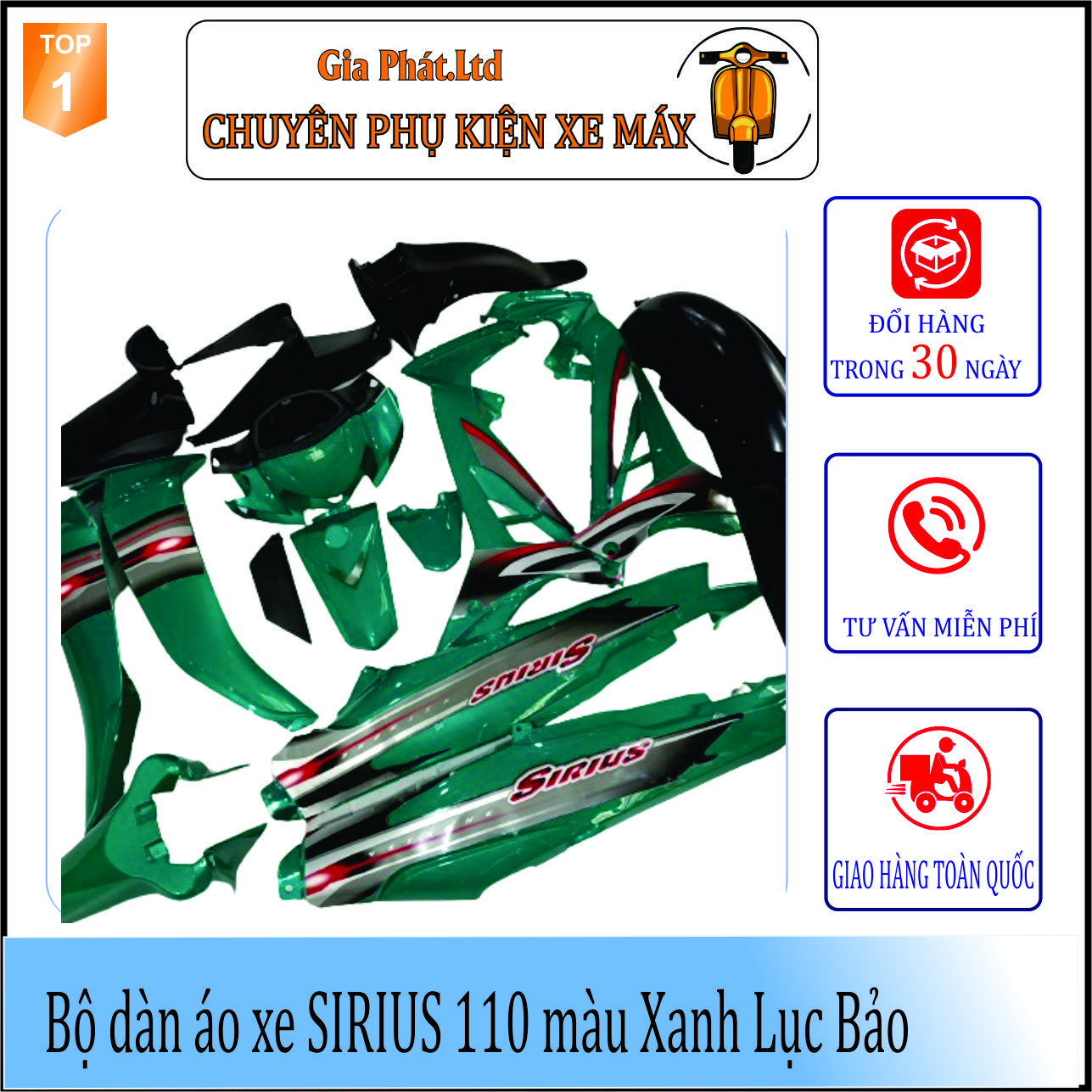 Bộ dàn áo xe máy - vỏ nhựa xe SIRIUS đời 2005 đến 2018  Màu Xanh Lục Bảo