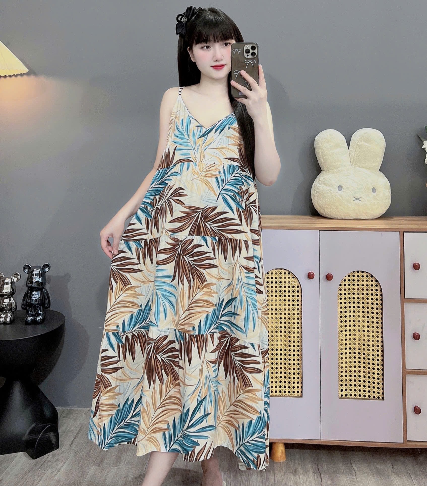 Váy bầu - váy mặc nhà sau sinh ( váy 2 dây - 4 Tầng  ) chất liệu Lanh Lụa- mềm - mát