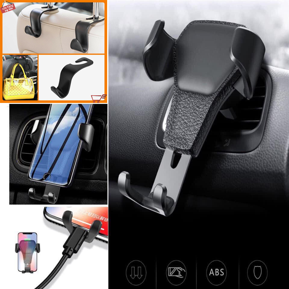 Bộ sản phẩm phụ kiện kẹp điện thoại và móc treo đồ trên ô tô tiện dụng