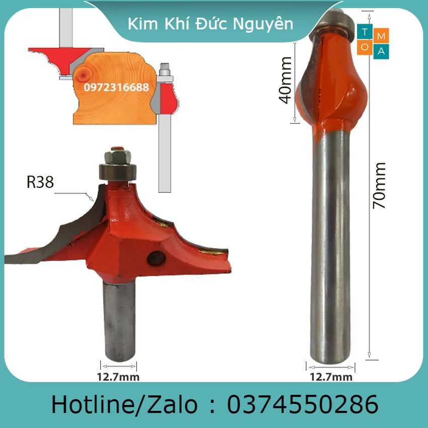Bộ mũi soi gỗ - mũi phay gỗ đánh tay cầu thang mẫu đầu sư, mũi r38 - mũi đào bi dài 40mm cốt 12.7mm
