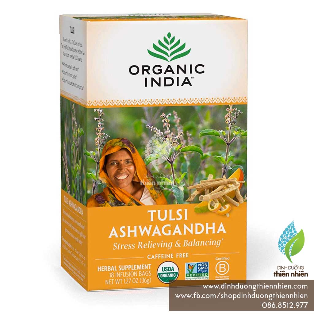 Trà Sâm Ấn Độ Hữu Cơ Tulsi Organic India Tulsi Ashwagandha Herbal Tea, Hộp Nguyên 18 Gói