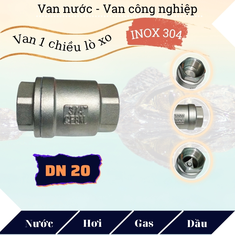 Van 1 chiều lò xo inox 304 phi 27, van 1 chiều đứng chất liệu bằng thép không gỉ