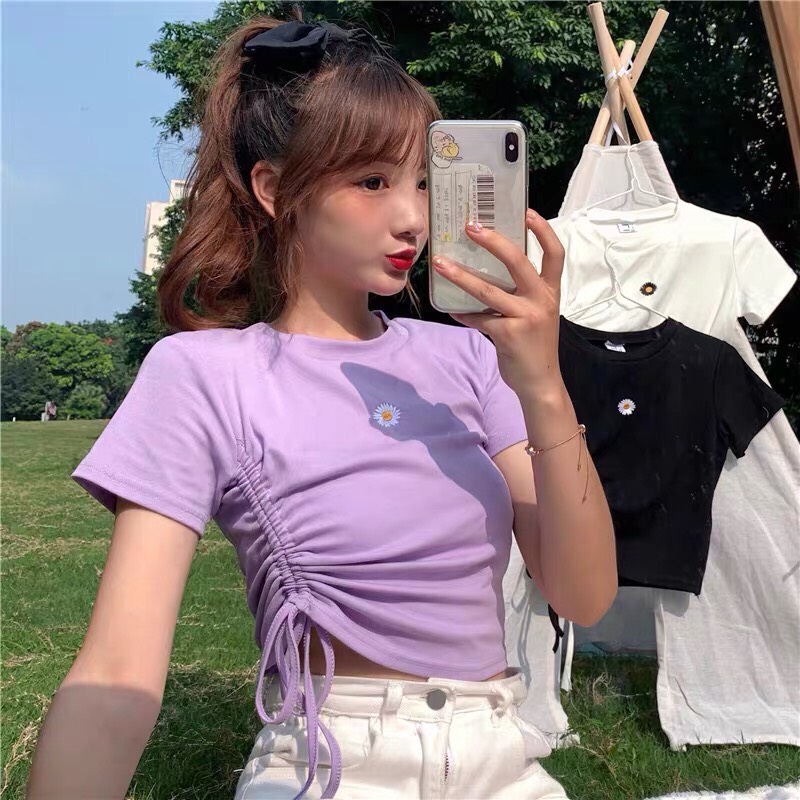 Áo croptop dây rút 1 bên thêu cúc họa mi cực xinh xắn Nauy270