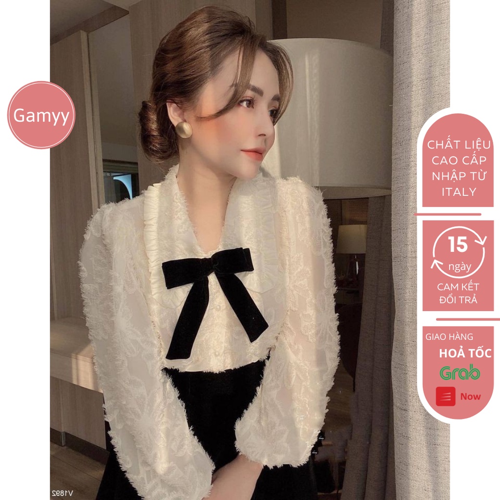 Áo Sơ Mi Gamyy Áo Sơ Mi Vải Tơ Cổ Bèo Nơ Ngực Nữ Tính