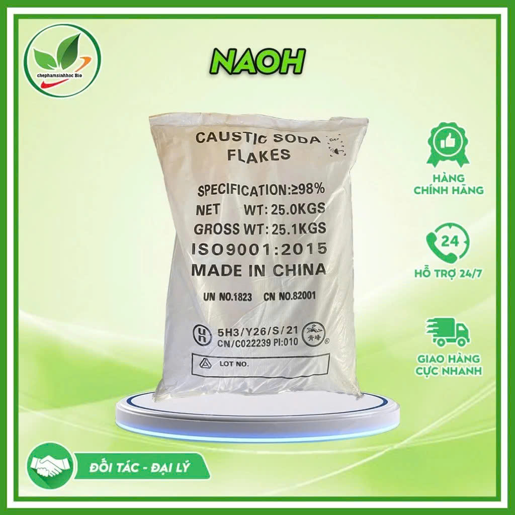 Xút vảy NaOH 99%, Sun Soda dùng trong xử lý nước thải, ngành công nghiệp giấy, vải. Bao 25kg