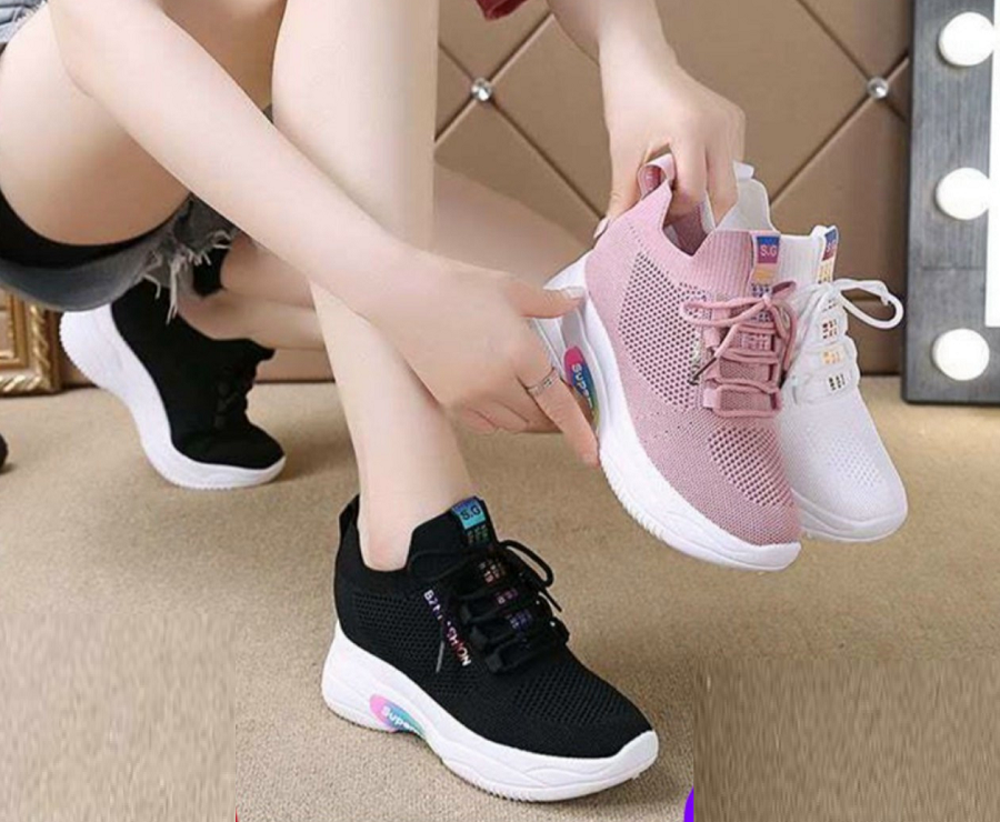 [Hoàn Tiền 15%]GIÀY THỂ THAO NỮ  ĐỘN ĐẾ 5-7CM VẢI DỆT THOÁNG KHÍ GÓT HOA CÚC  HÀNG QUẢNG CHÂU