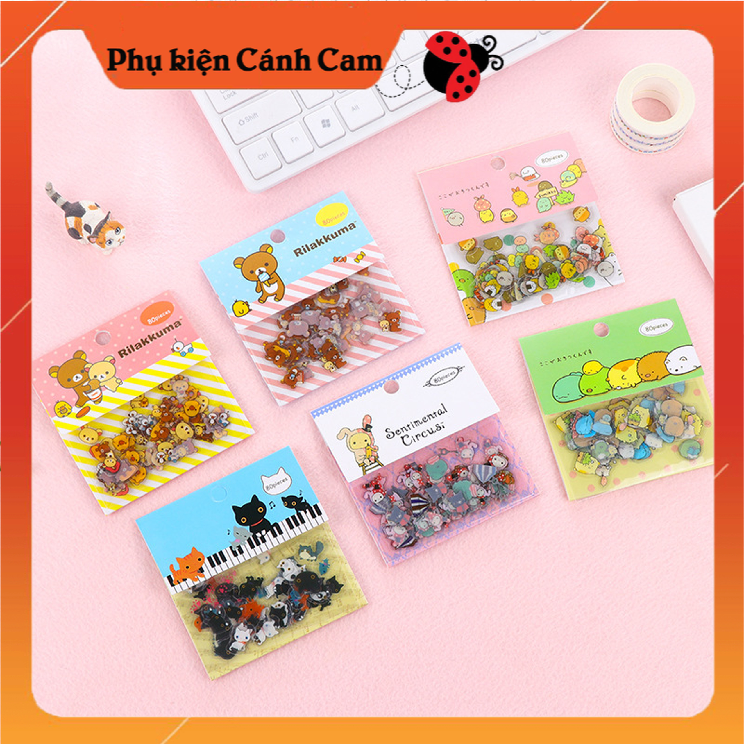Túi sticker 80 miếng dán hoạt hình đáng yêu dùng để trang trí nhật ký - phụ kiện cánh cam