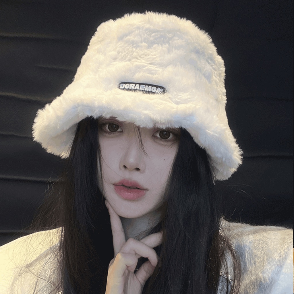 Mũ nón bucket lông cừu doraemon màu trắng thời trang cho nữ
