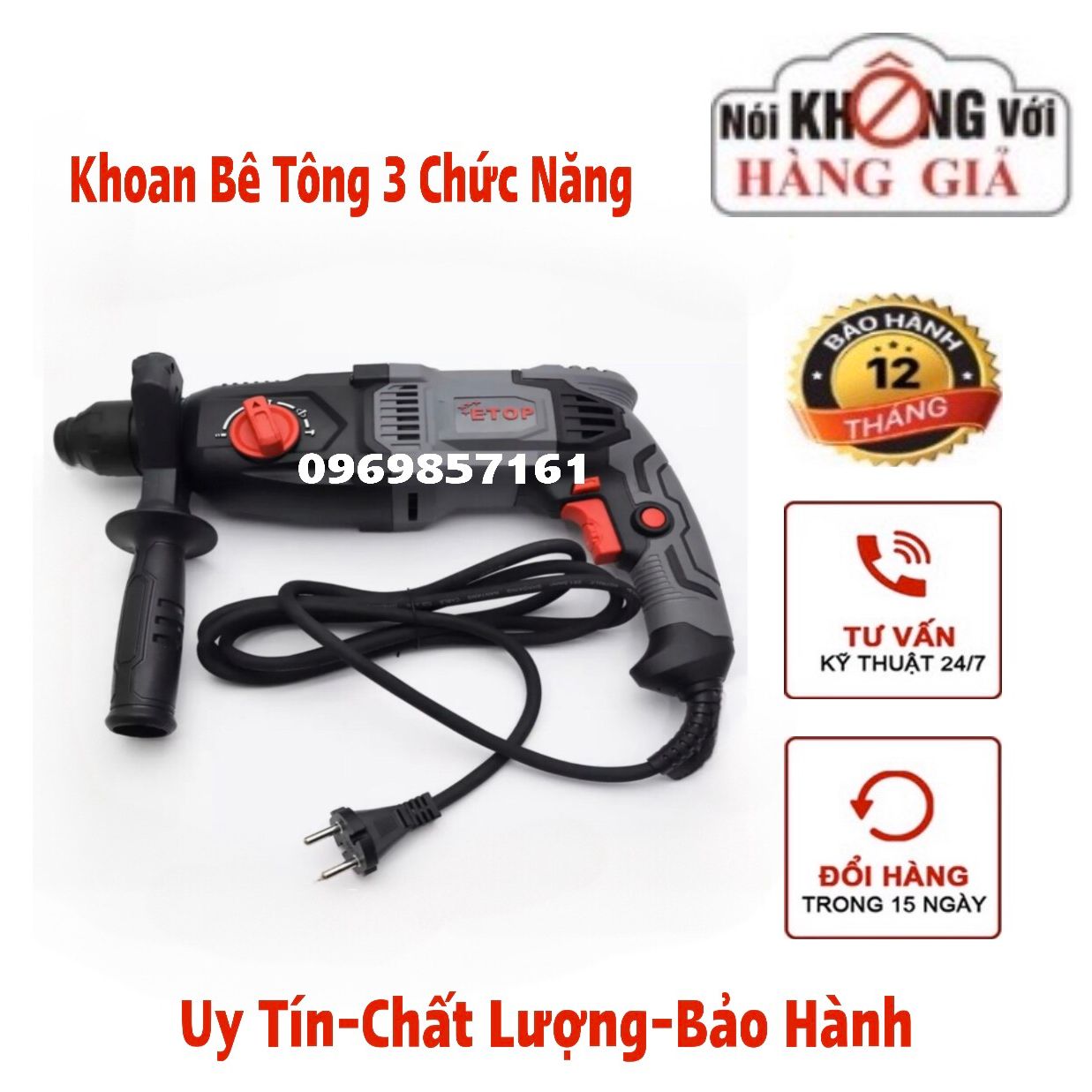 Máy khoan bê tông/Máy khoan đục bê tông 4 Chức Năng Chính Hãng | ETOP XH-26F Công Suất Lớn 1050w | Có Đảo Chiều Điều Tốc.