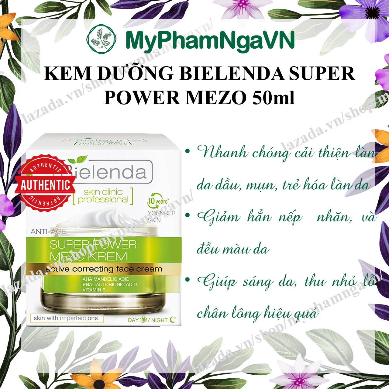 [HCM]Kem Làm Sáng Mịn Và Trẻ Hóa Da Bielenda Super Power Mezo Krem Cream Xanh Lá 50ml