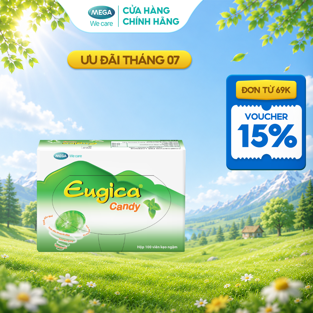 Kẹo ngậm thảo dược hỗ trợ giảm ho, rát họng EUGICA CANDY (Hộp 100 viên)