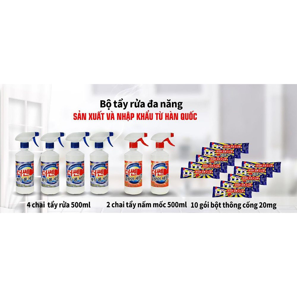 The ssen_bộ tẩy rửa đa năng bio chem korea (gồm 4 chai tẩy rửa đa năng + 2 chai tẩy nấm mốc + 10 gói thông cống + 2 vòi