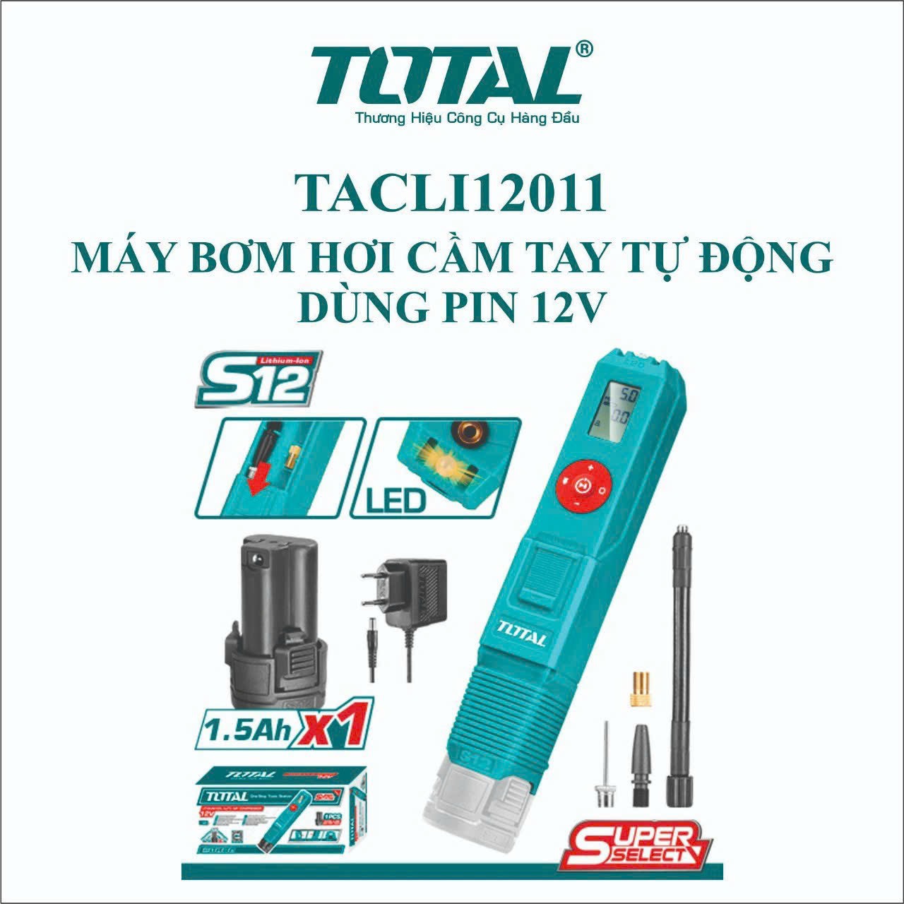 Máy bơm hơi cầm tay dung pin 12v - tacli12011