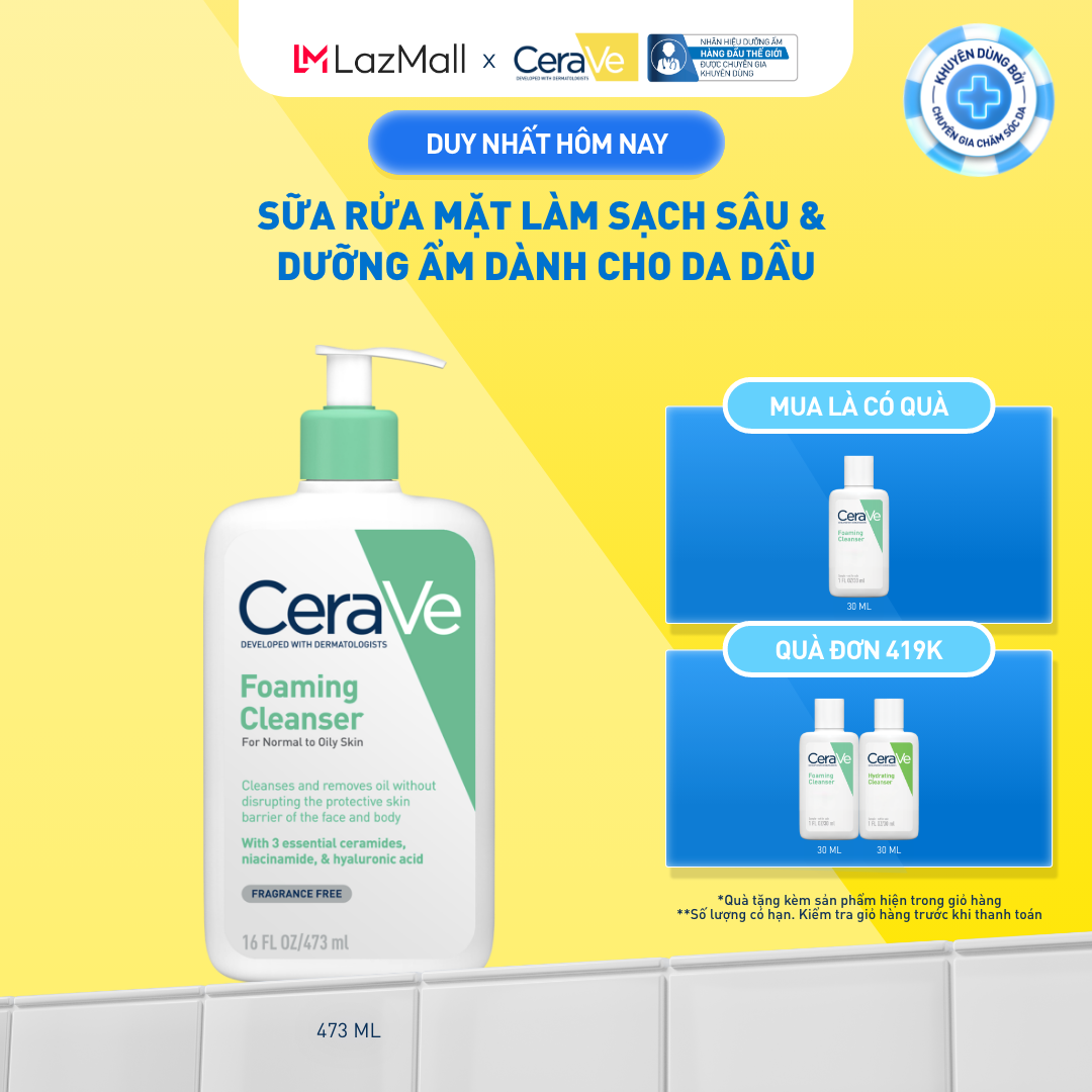 Sữa rửa mặt foaming giúp làm sạch sâu và dưỡng ẩm dịu nhẹ dành cho da dầu - CeraVe Foaming Facial Cleanser 473ML