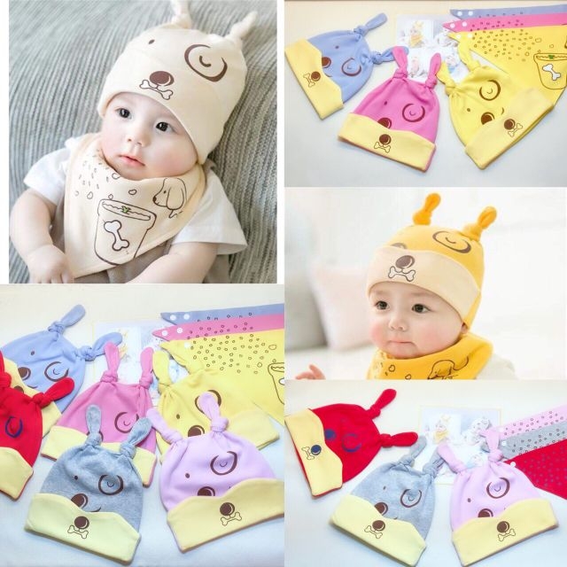 Mũ kèm khăn yếm cotton 2 lớp cúc chỉnh mềm mại cho bé