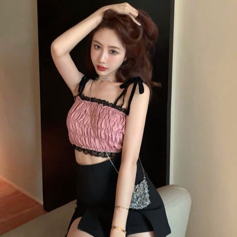 Áo croptop voan nhún hai dây phối viền ren baby TTSA0292