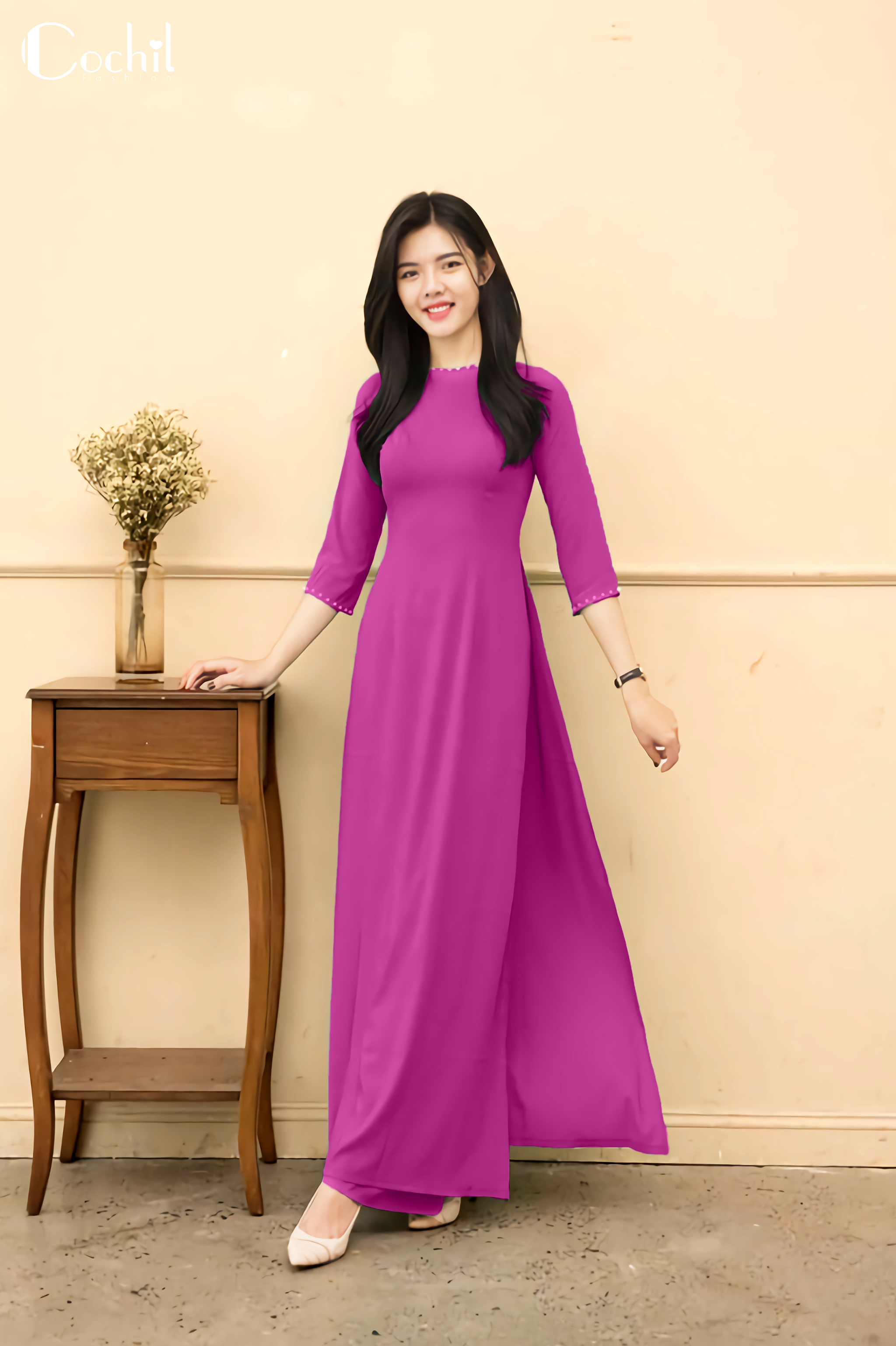 Áo dài truyền thống lụa nhật cổ tròn - màu tím cẩm