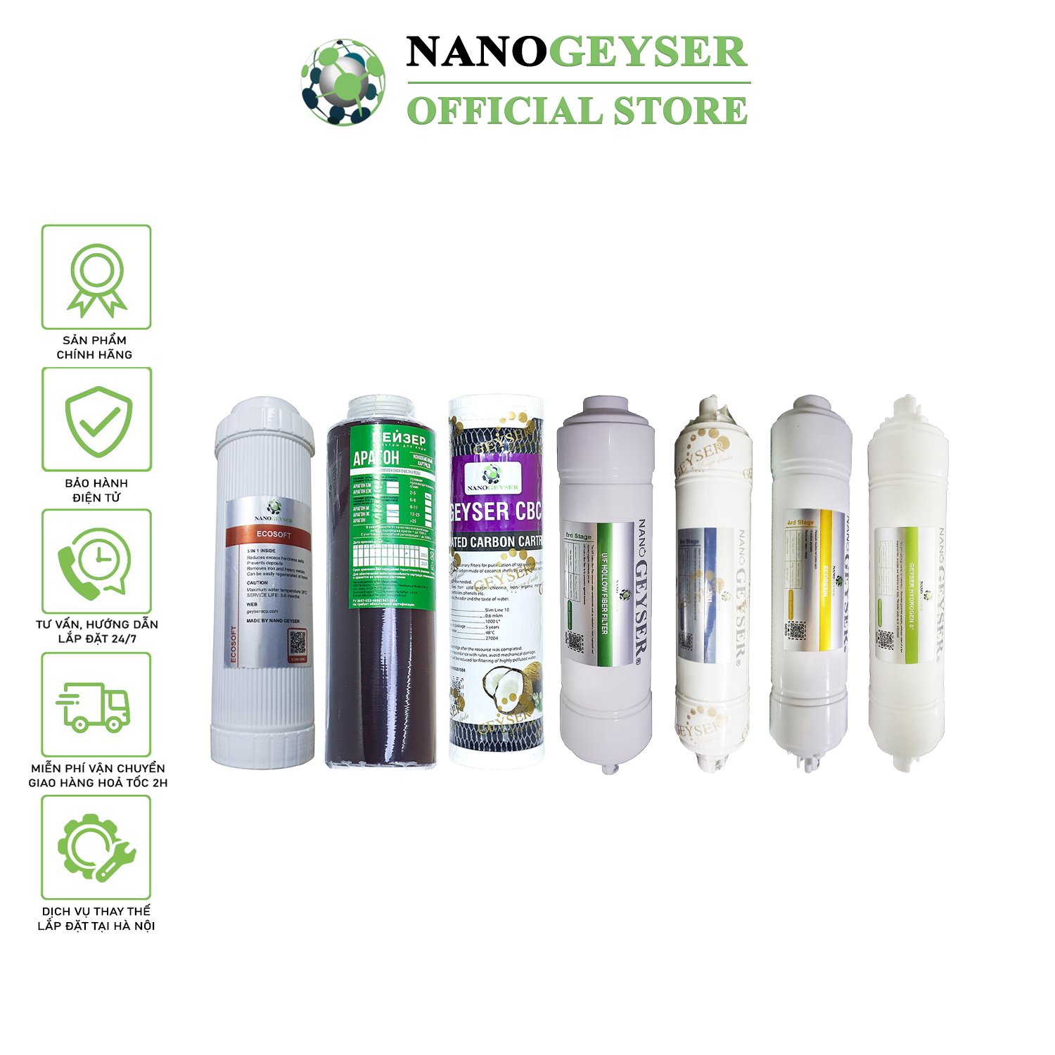 Bộ 7 lõi lọc nước dùng cho máy nano geyser eco max, lõi ecosoft, aragon, cbc, uf hollow 3in1 big, ecoresin, hydrogen 8+ nano geyser