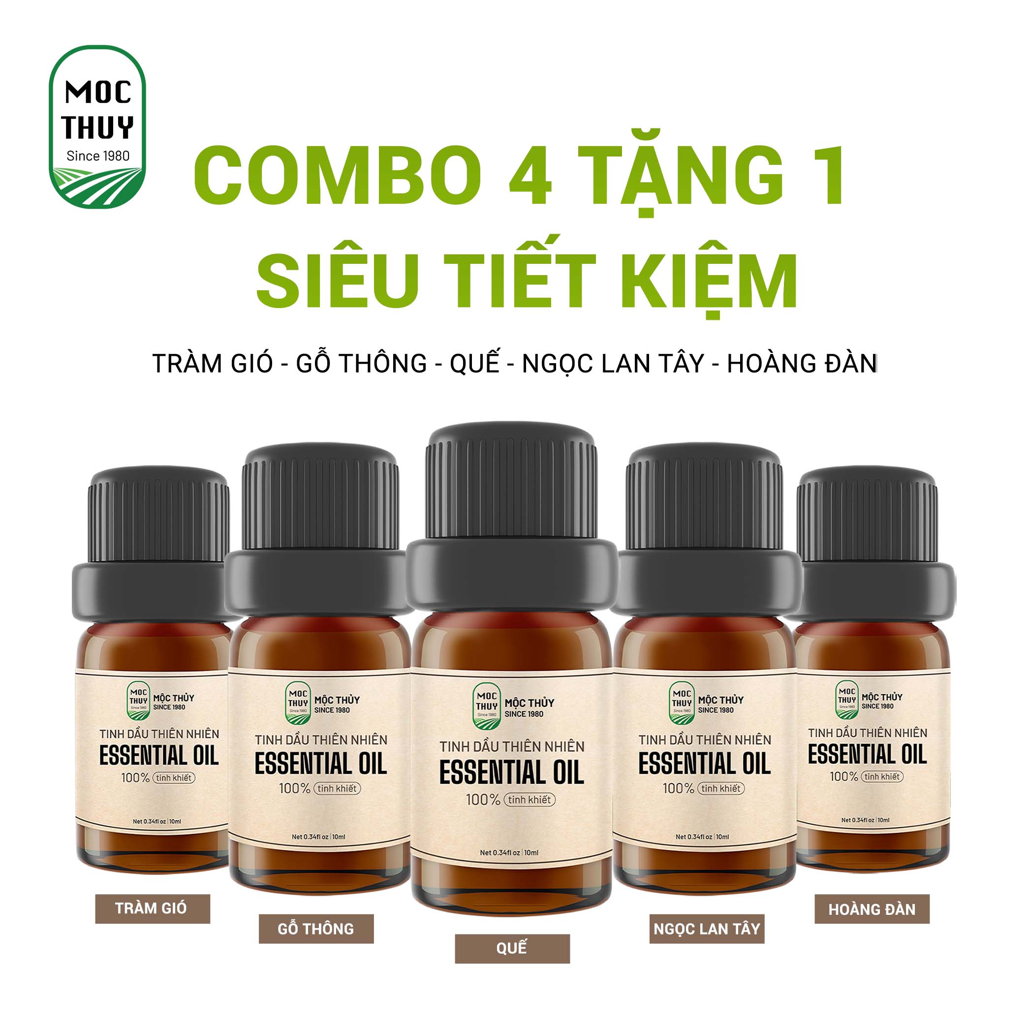 [Mua 4 tặng 1] Combo 5 mùi tinh dầu Mộc Thủy- Quế, Gỗ Thông, Tràm Gió, Ngọc Lan Tây, Hoàng Đàn 10ml/chai- Set tinh dầu giá sốc độc quyền trải nghiệm mùi hương độc đáo