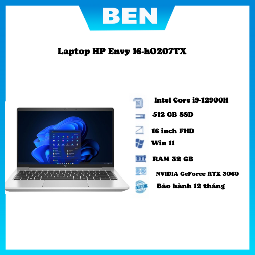 Laptop hp envy 16-h0207tx / bạc/ intel core i9-12900h / ram 32gb/ 512gb ssd/ nvidia geforce rtx3060 6gb/ 16inch uhd+ oled touch/ win 11sl/ 1yr