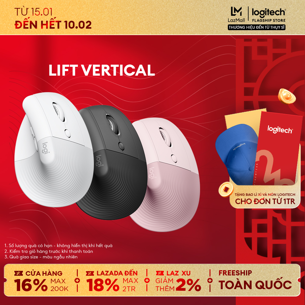  Chuột công thái học không dây Logitech Lift Vertical - Bluetooth|USB Logi Bolt Silent giảm ồn 4 nút tùy chỉnh tương thích với Windows macOS iPadOS Laptop PC 