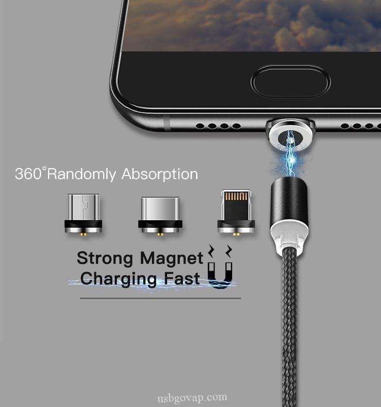Combo Cáp sạc từ 360 đầu tròn hít nam châm dây bọc dù siêu bền 2 in1 đầu cắm chuẩn Micro USB và Lightning cho Ipad, iPhone và Android