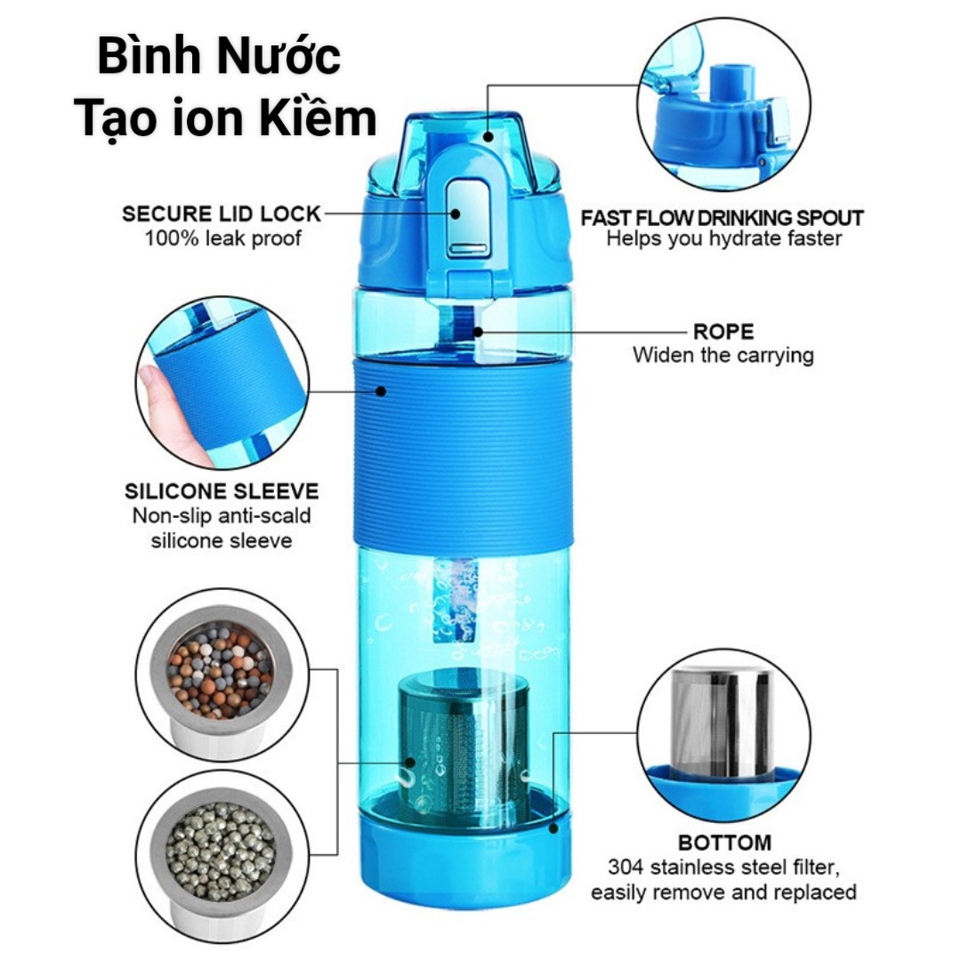 Bình Nước Tạo ion Kiềm FDA Mỹ 650ML Tạo 8,5- 10Ph Bổ Sung Khoáng Chất Chính Hãng NatiLite ( tặng túi đá kiềm )