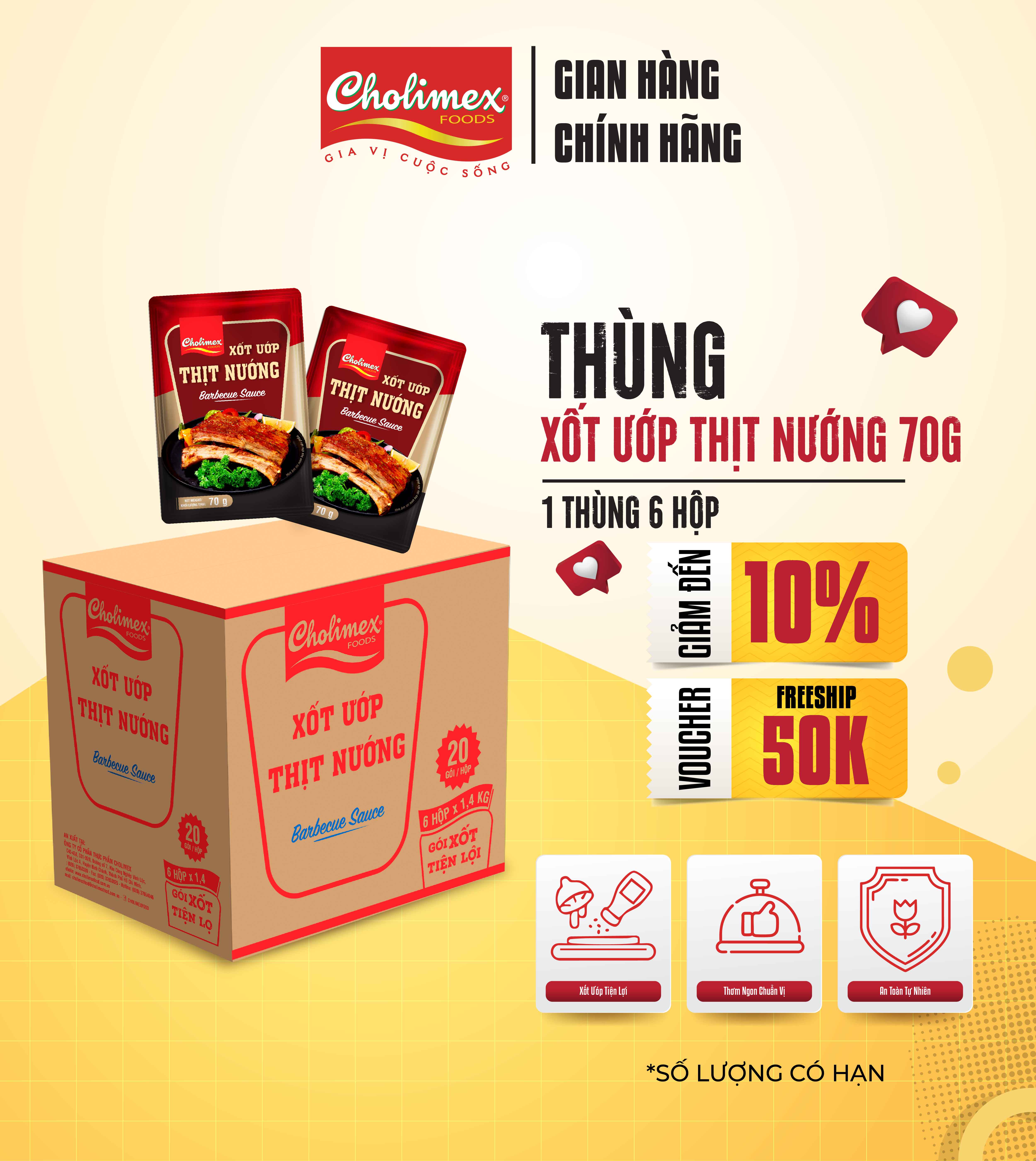 Thùng Xốt Ướp Thịt Nướng Cholimex 70g (20 Gói/Hộp – 6 Hộp/Thùng) – Gia Vị Ướp Thịt Đậm Đà, Tiện Lợi