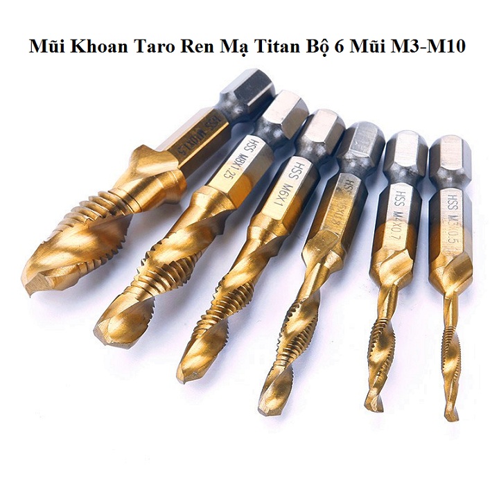 Bộ 6 mũi khoan và taro ren M3-M10 phủ Titanium, tạo ren inox