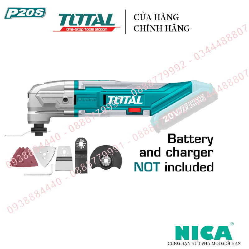 Máy cắt công cụ đa năng dùng pin lithium20v total tmli2001 tốc độ không tải:5000-20000v/p. kèm 1 dao cạo nhám, 1 lưỡi cưa, 1 lưỡi cưa phân khúc, 1 chìa khóa, 1 giấy nhám và 3 giấy nhám.